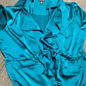 Teal blue satiny tie waist jacket topper